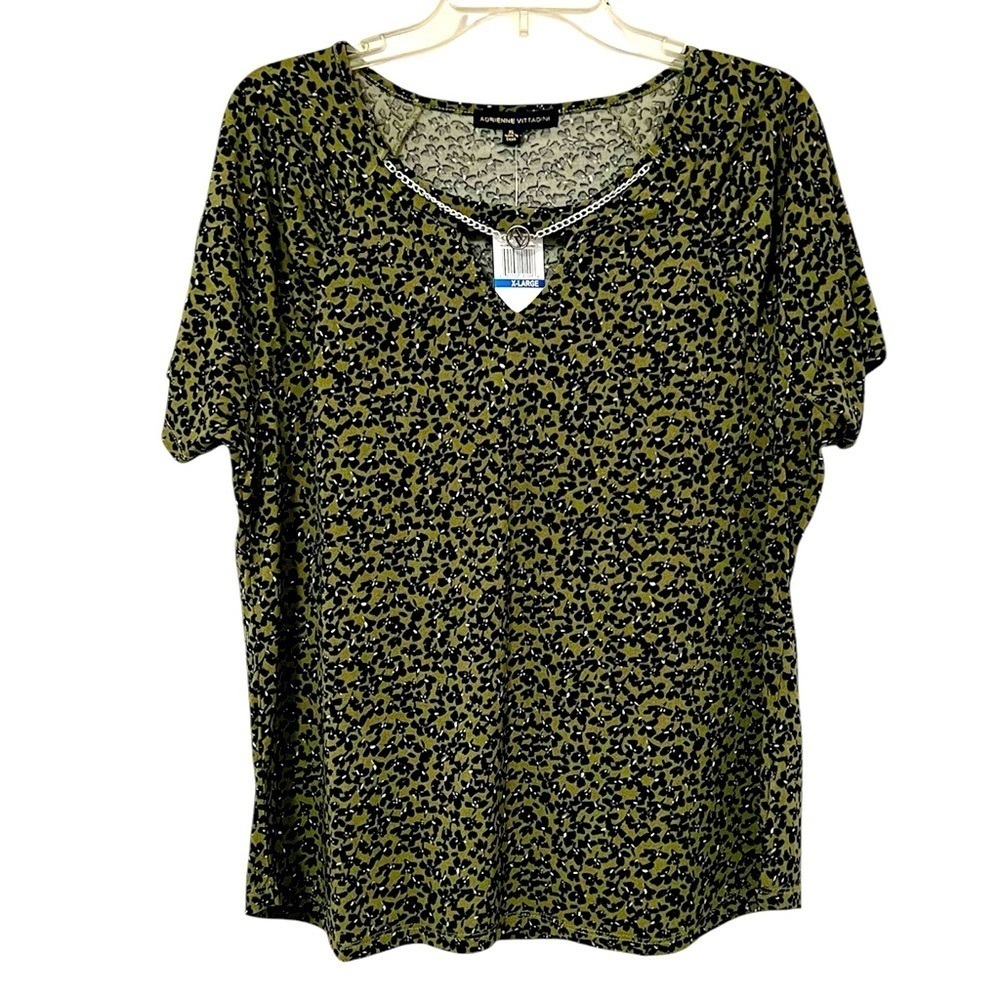 Adrienne Vittandini Shirt Women Size XL Green and Black NWT Silver Chain Detail